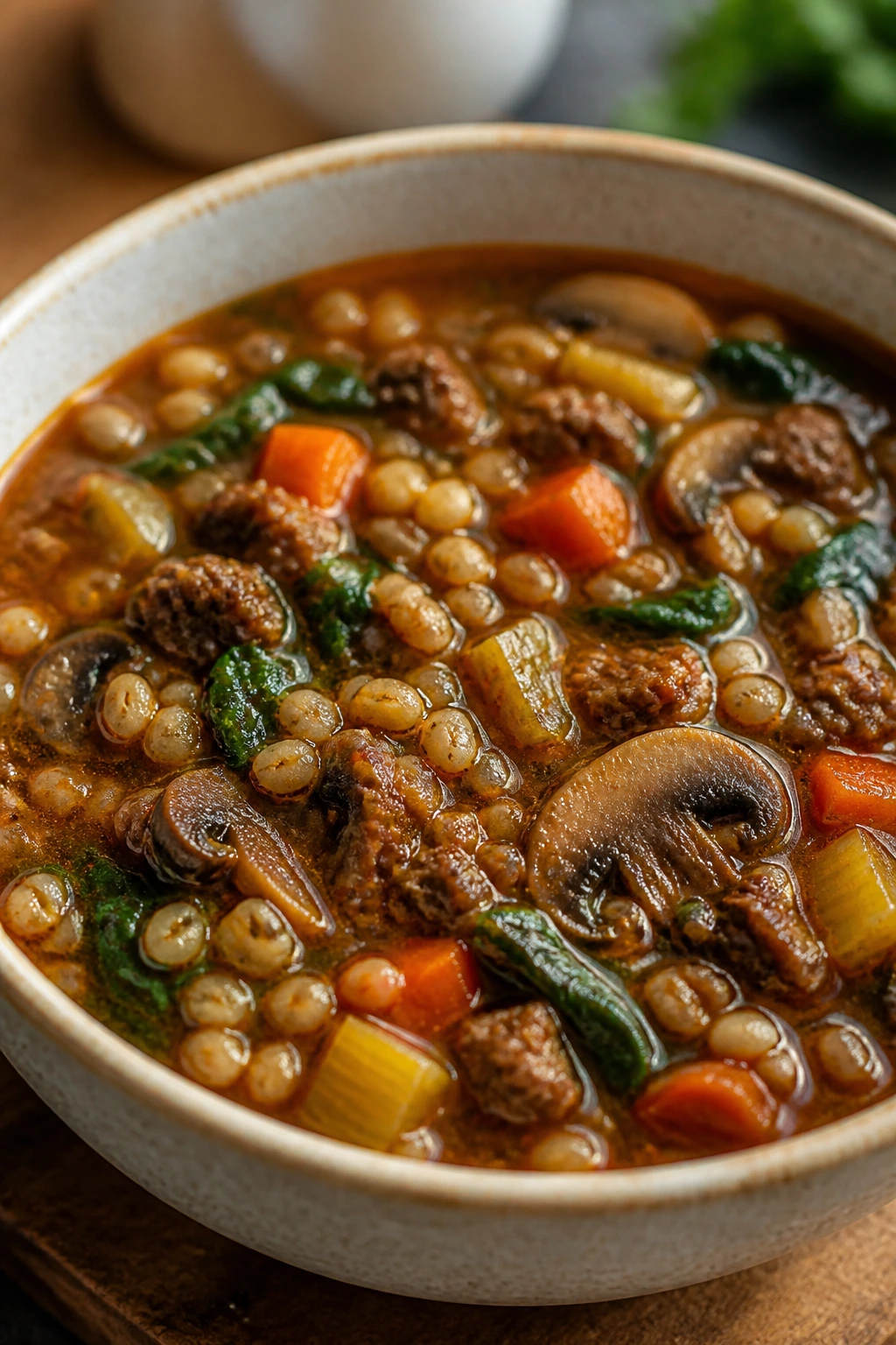 Close-up of hearty beef and barley soup in a bowl with vegetables.