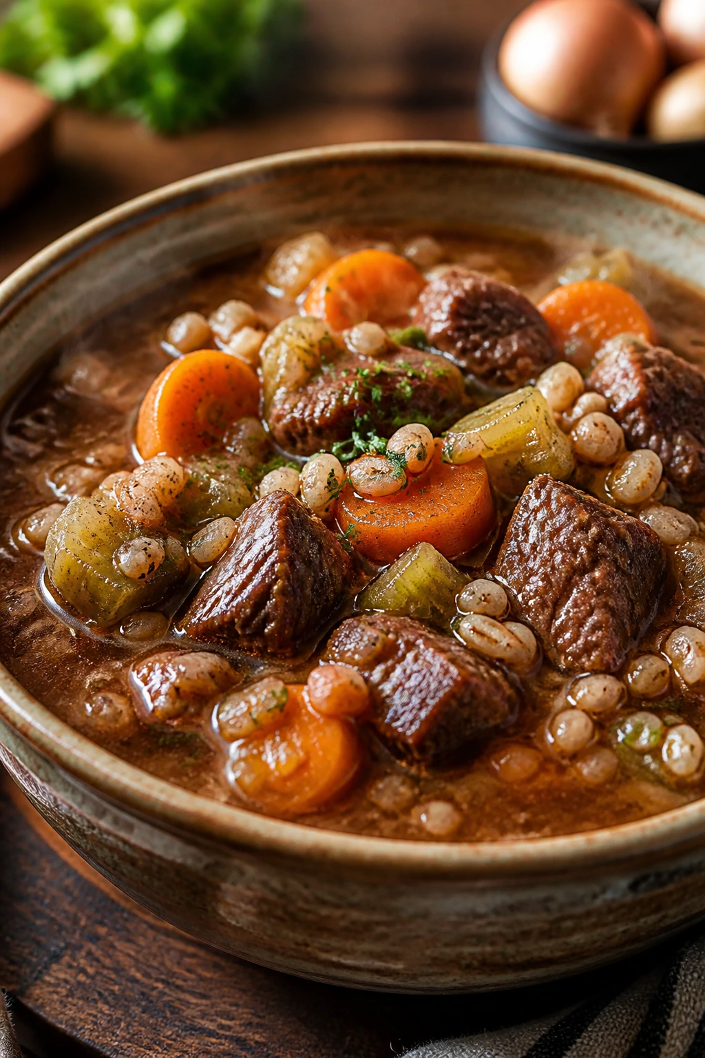 Beef and barley stew in a bowl with tender beef and barley pieces