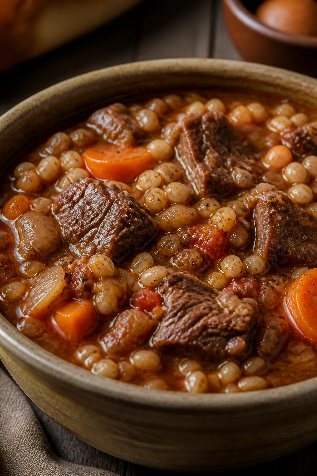 Beef and barley stew in a rustic bowl with beef chunks and barley