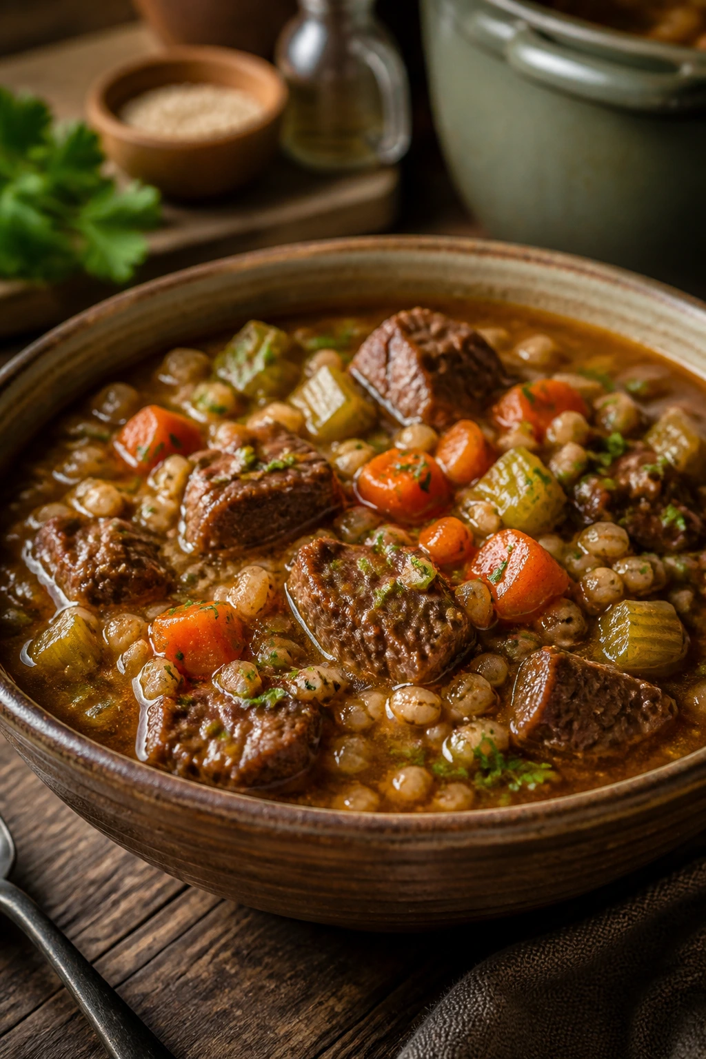 Beef and barley stew in a rustic bowl with chunky beef and barley