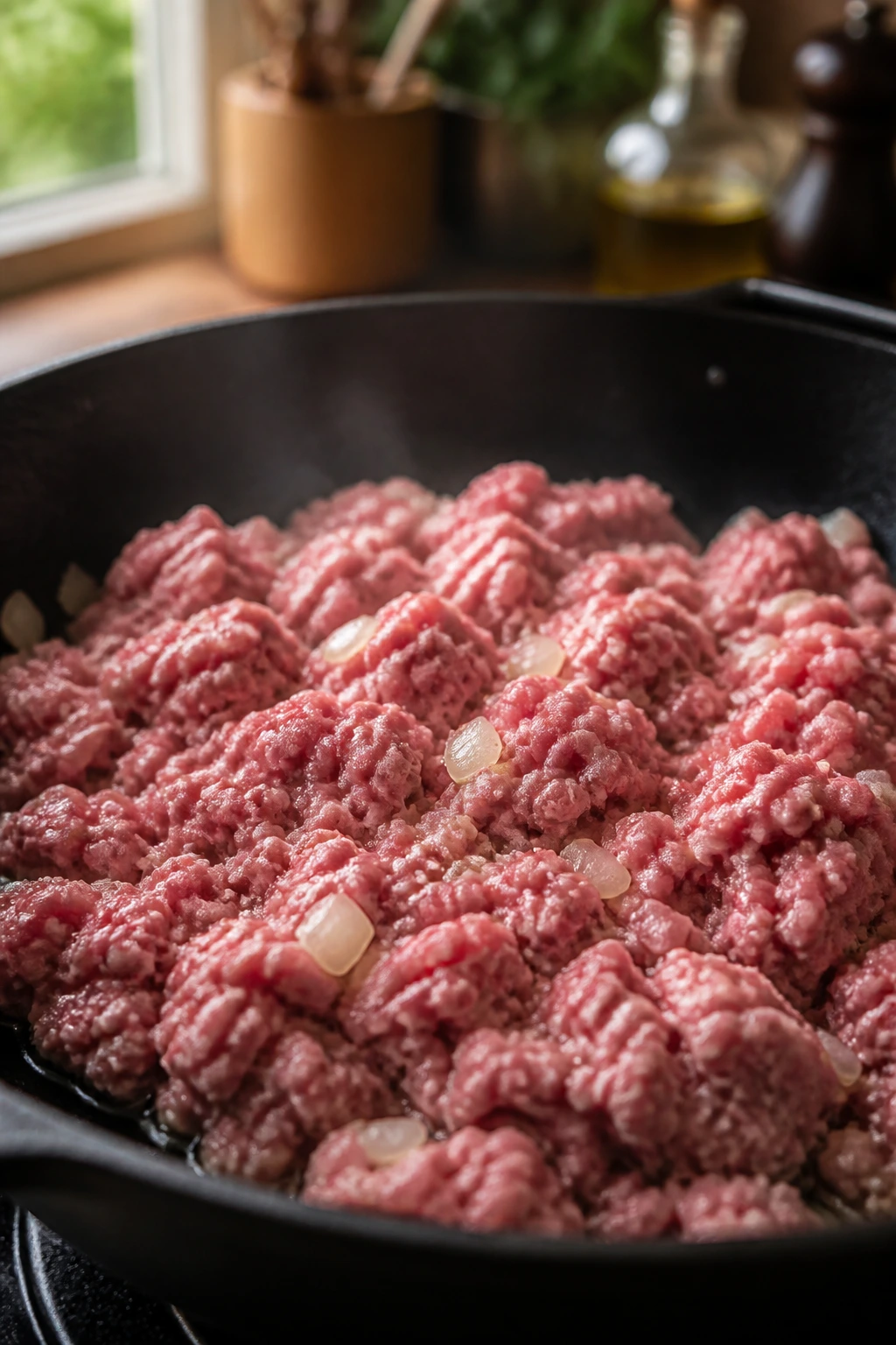 Close-up of beef base in a skillet showing moisture and pink meat