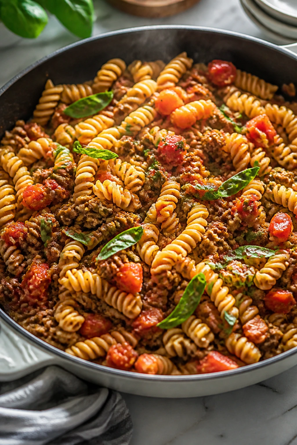 Close-up of beef and basil pasta skillet with tomatoes and herbs