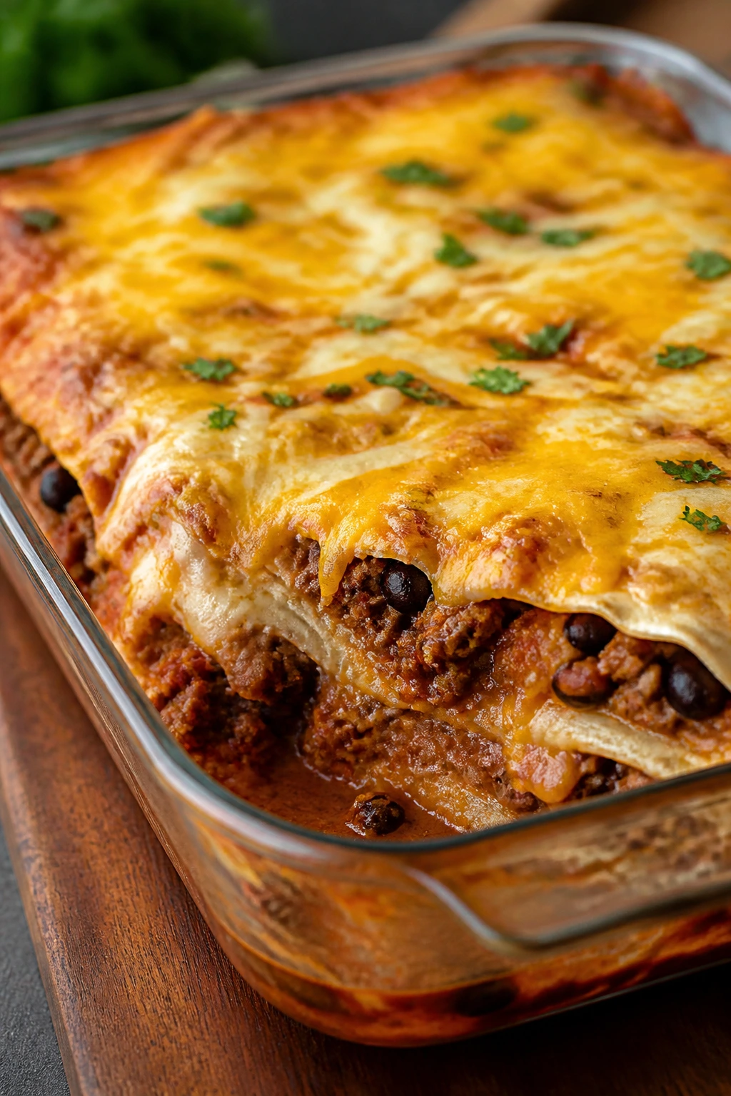 Close-up of layered Beef and Bean Burrito Bake with tortillas and melted cheese on a wooden counter