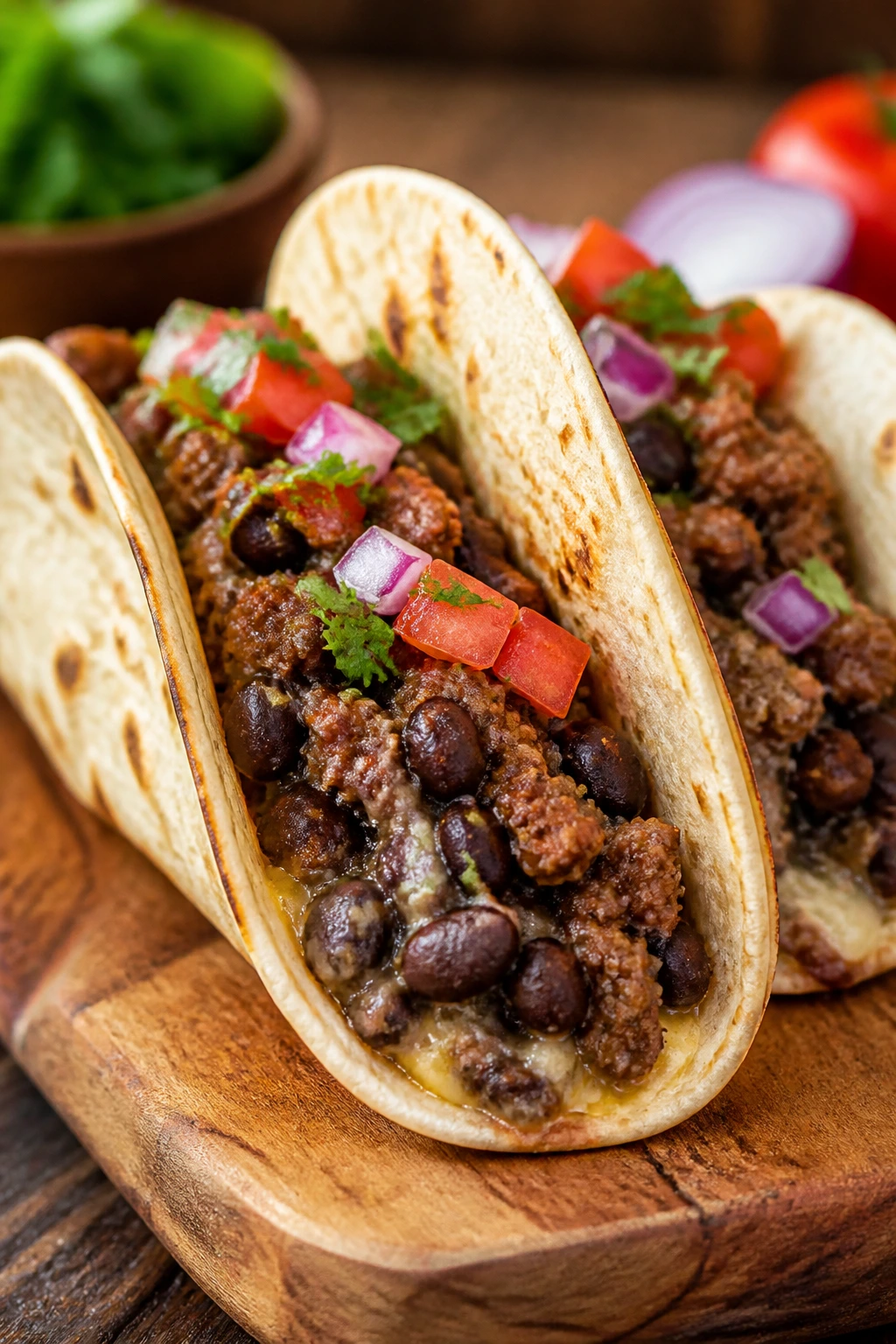Close-up of beef and black bean stretch tacos on a wooden board showing filling and texture