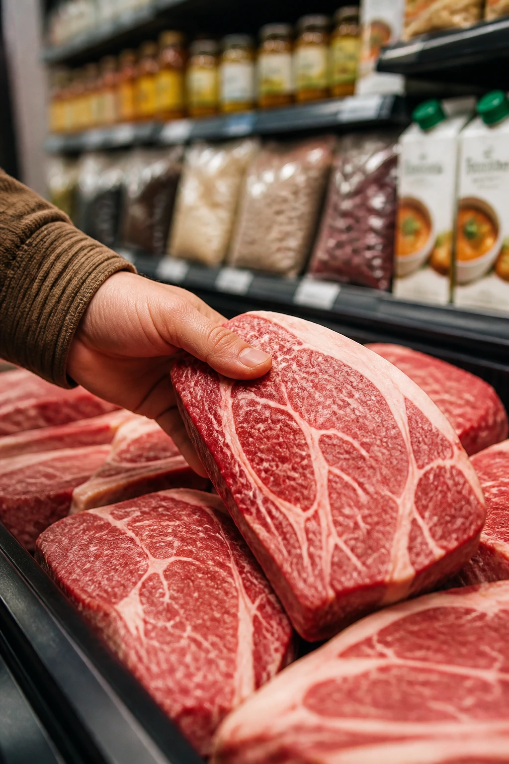 Hand selecting marbled beef on store shelf for stew