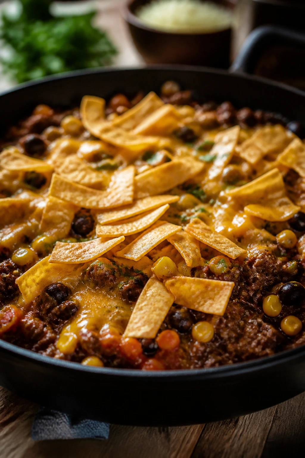 Close up of beef tortilla skillet with beans corn and cheese in cast-iron skillet