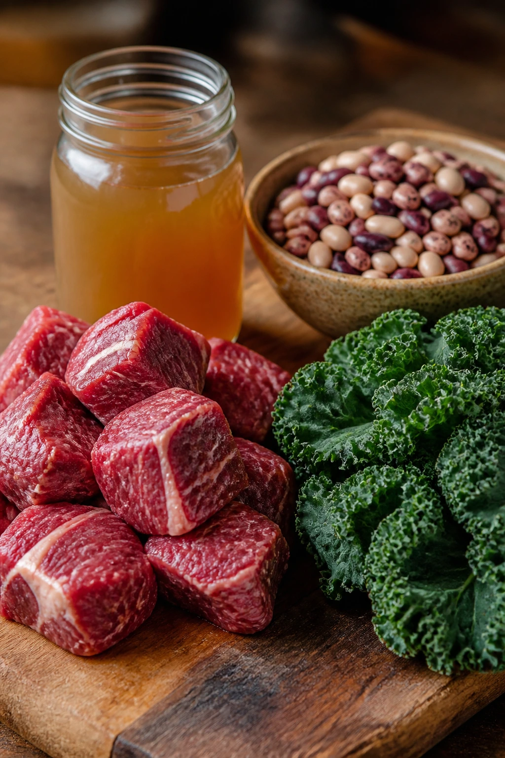 Beef chuck, broth, beans, and kale arranged on a board