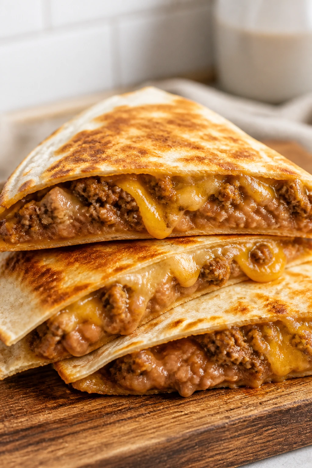 Cheesy beef and bean quesadilla wedge on wooden board