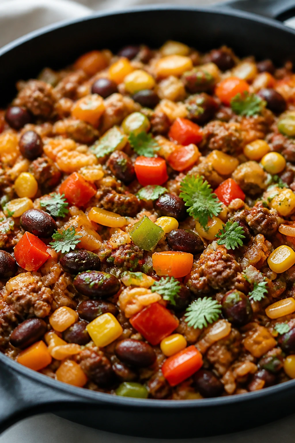 Beef with beans and rice in a skillet with vegetables