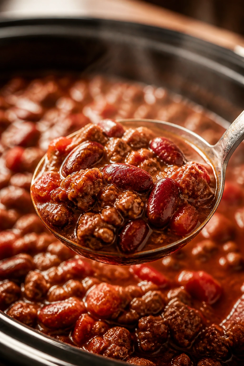 Spoonful of chili showing beef, beans, and tomatoes