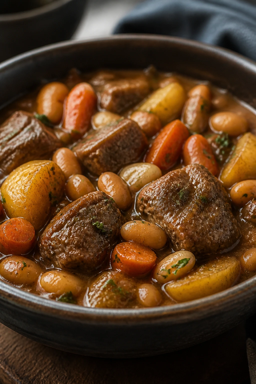 Beef and beans with vegetables in a rustic bowl, braised and glossy