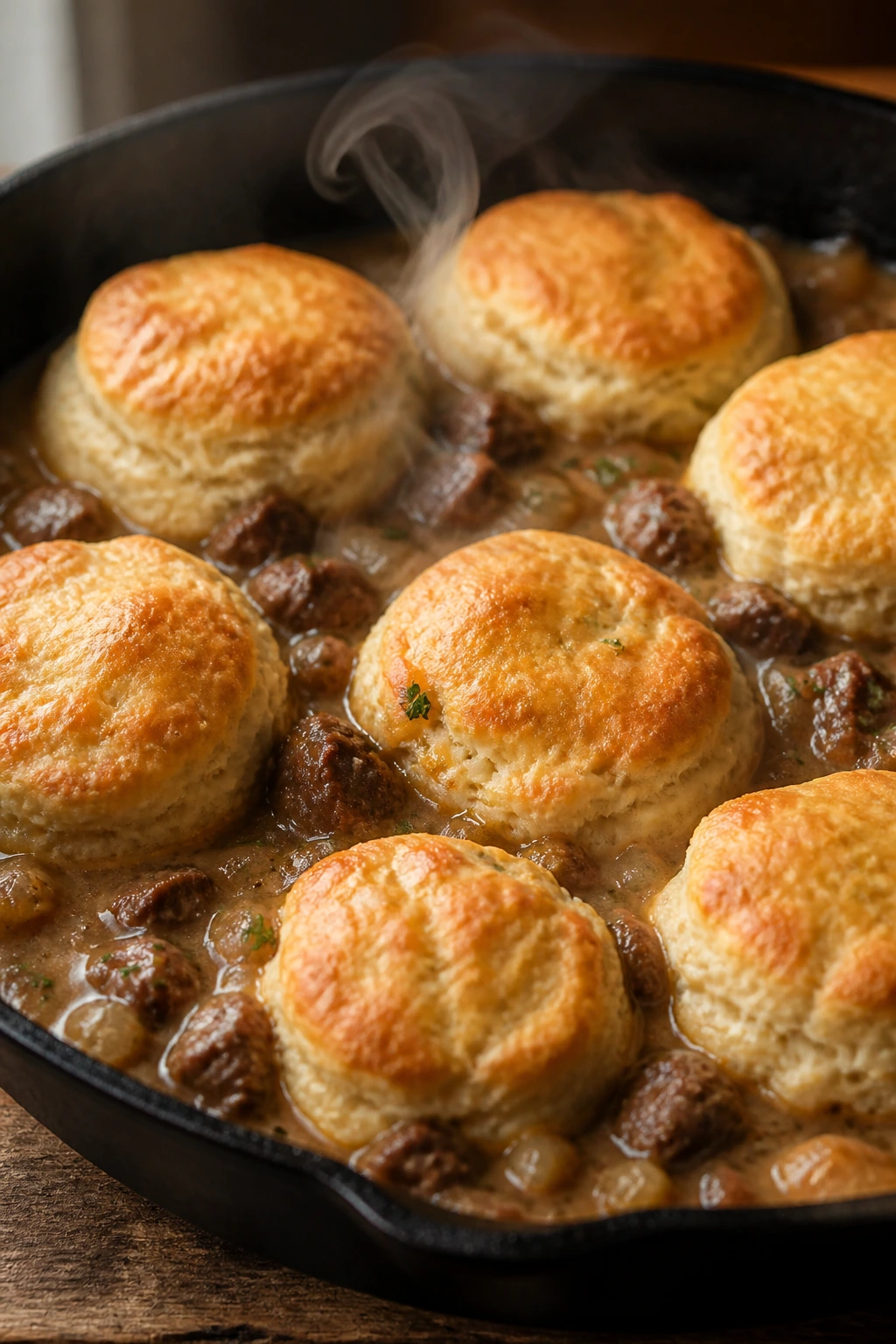 Cast-iron skillet with bubbling beef and biscuits