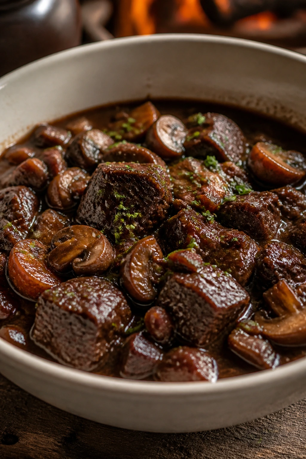 Close-up of Beef Bourguignon with beef and mushrooms in wine sauce