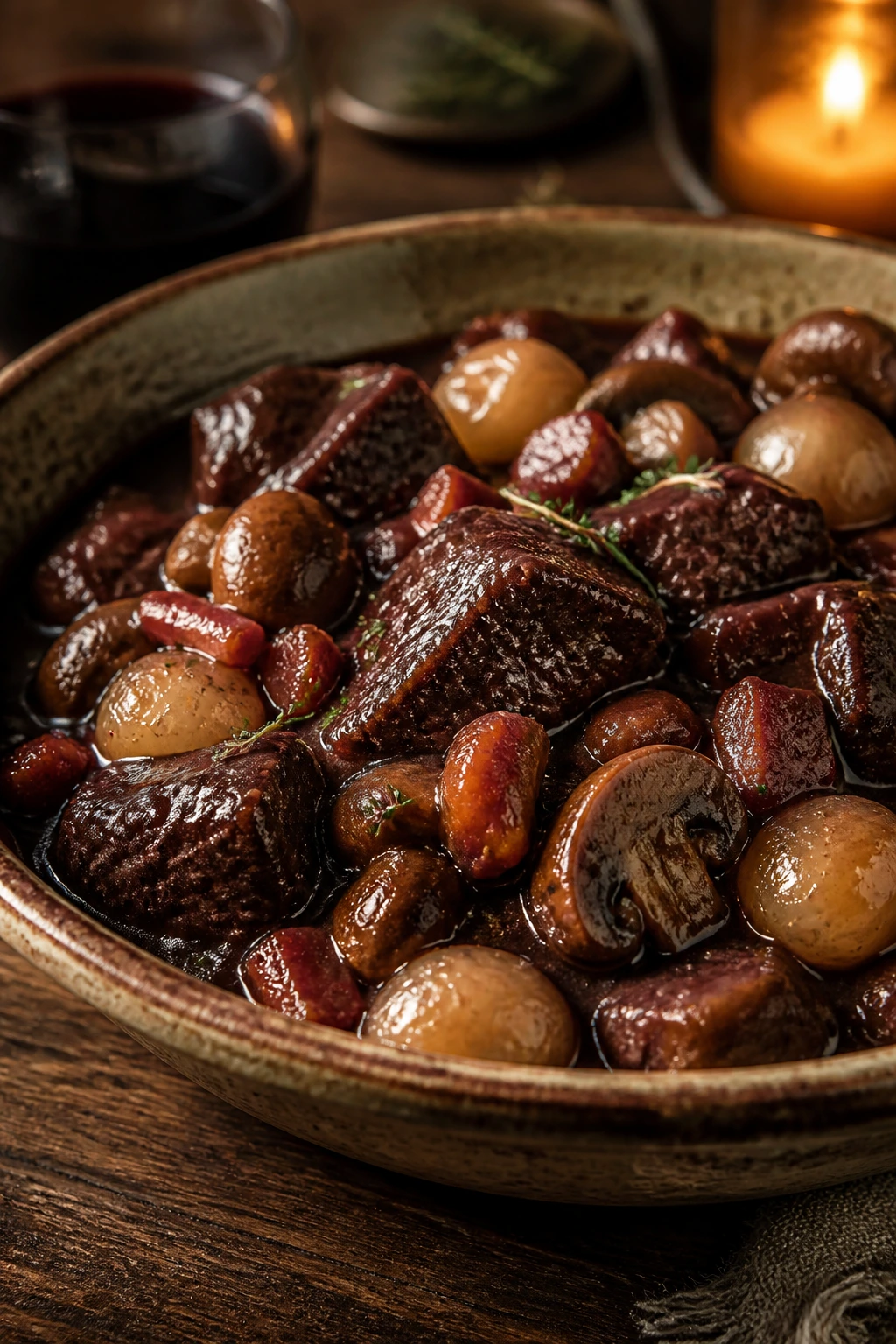 Beef bourguignon with mushrooms and pearl onions in wine sauce