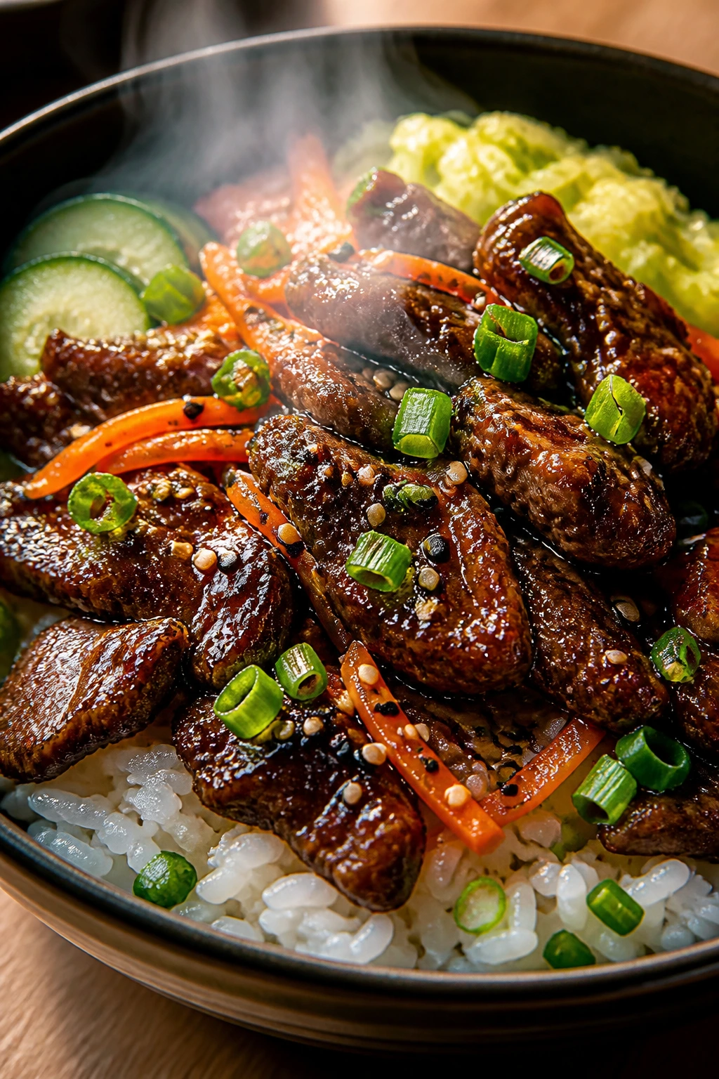 Close-up of a juicy beef bowl ready to serve