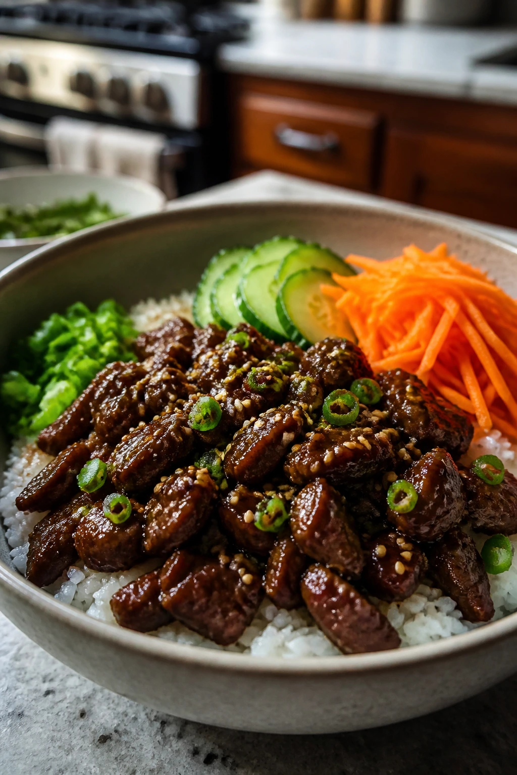 Close-up of a beef bowl with rice and toppings on a kitchen counter