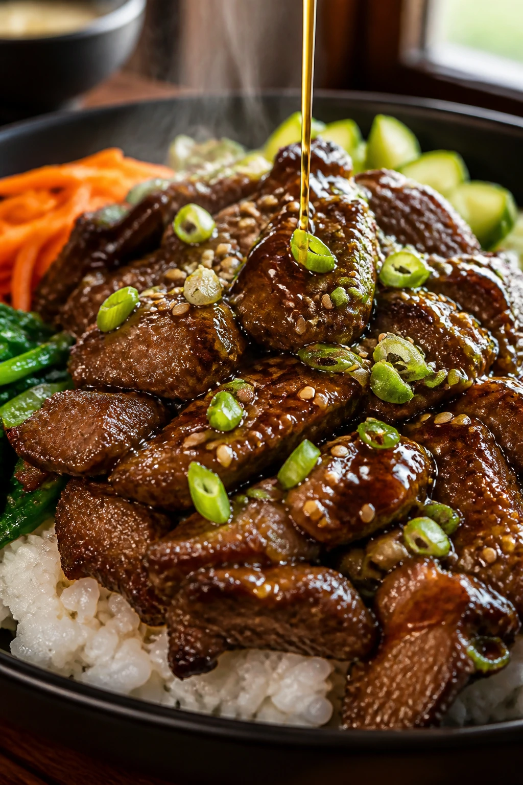 Beef bowl with glossy sauce and steam in a warm kitchen