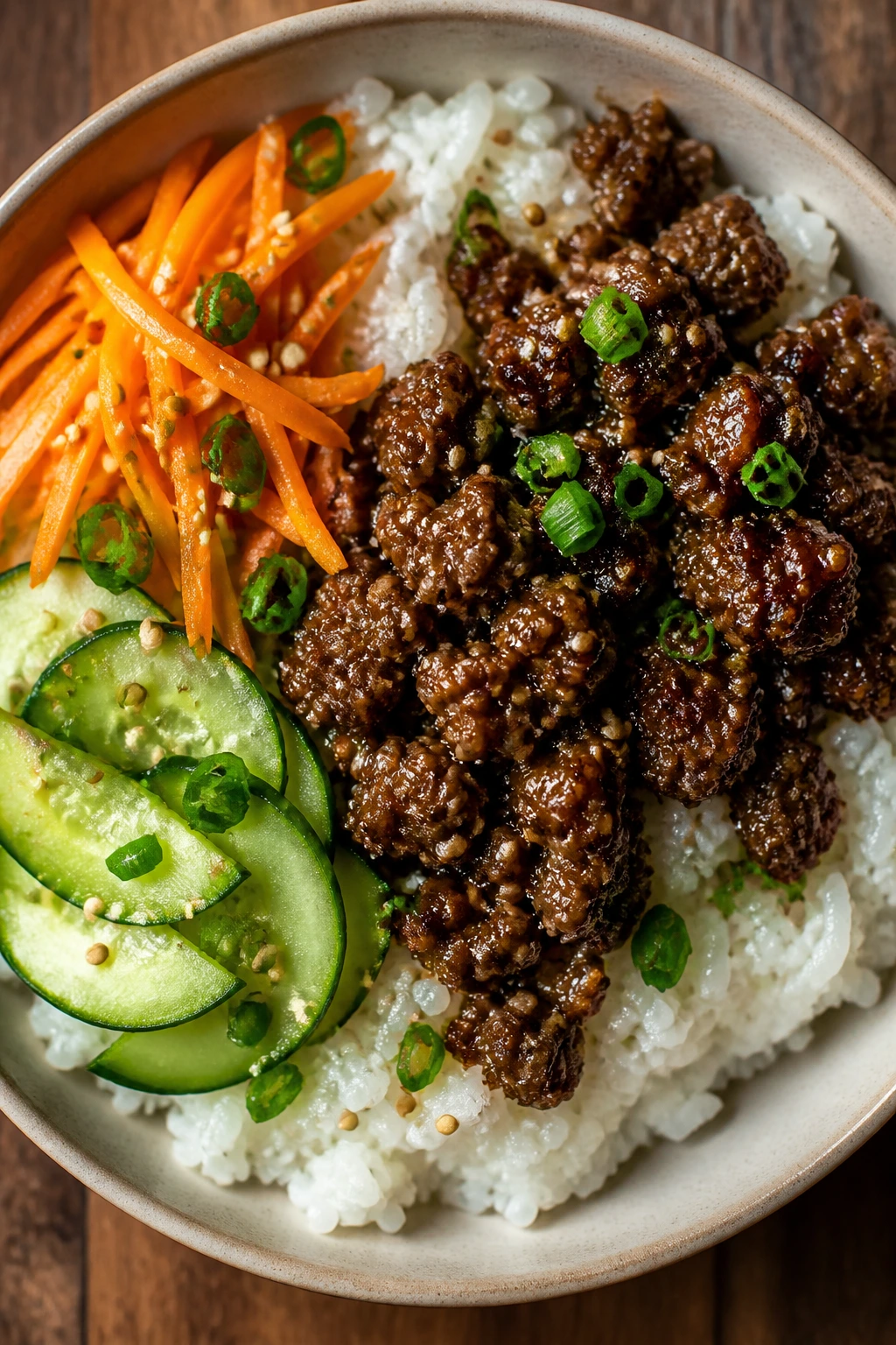 Close-up of a juicy beef bowl with glossy sauce atop rice in a warm kitchen