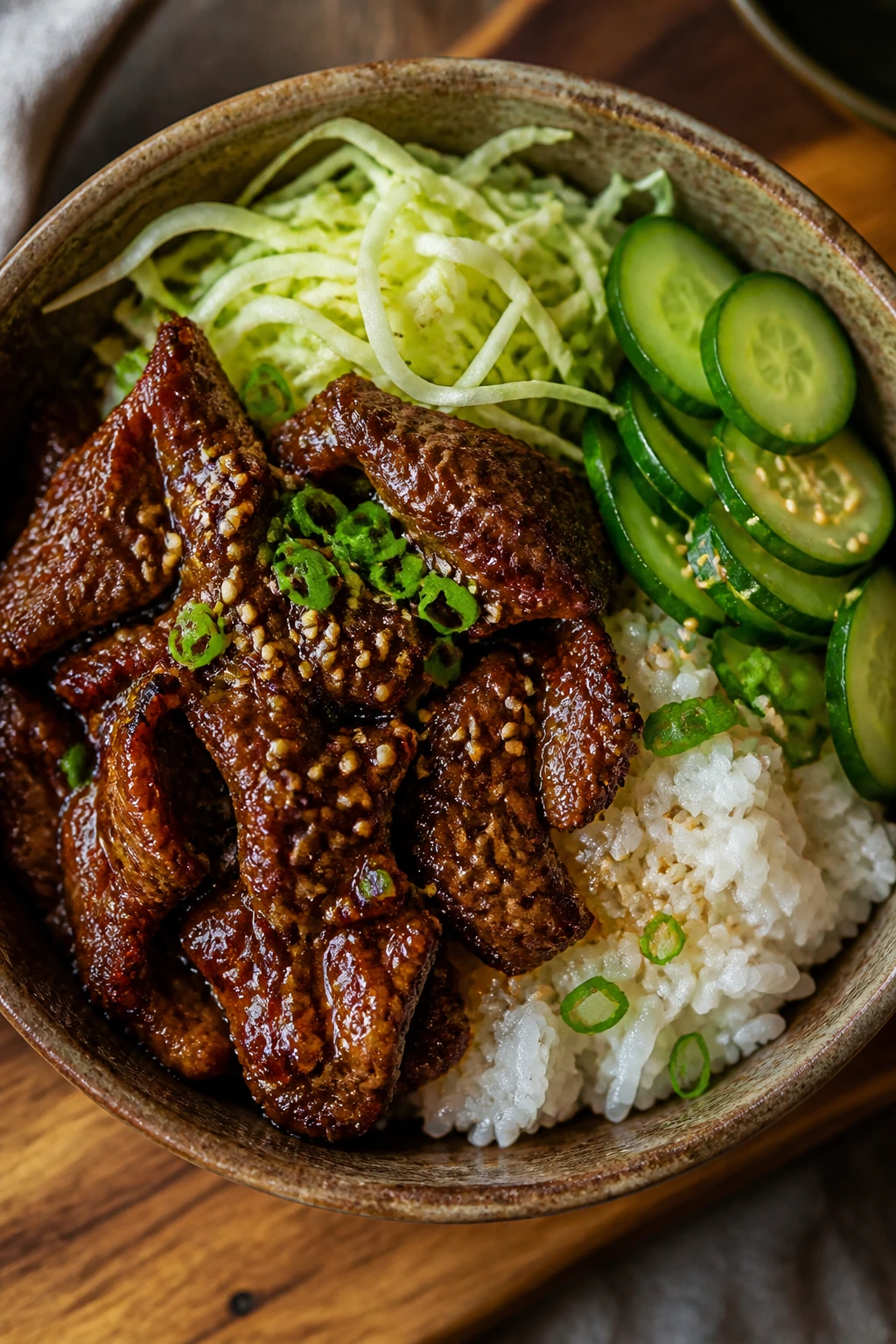 Close-up of a beef bowl with beef, rice, and toppings
