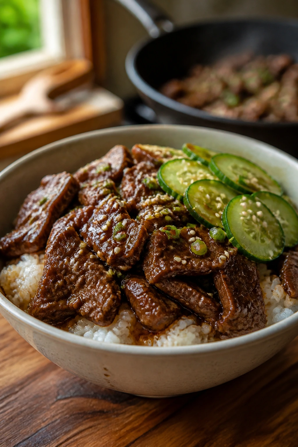 Close-up of glossy beef bowl over jasmine rice with cucumber and sesame in a warm kitchen.