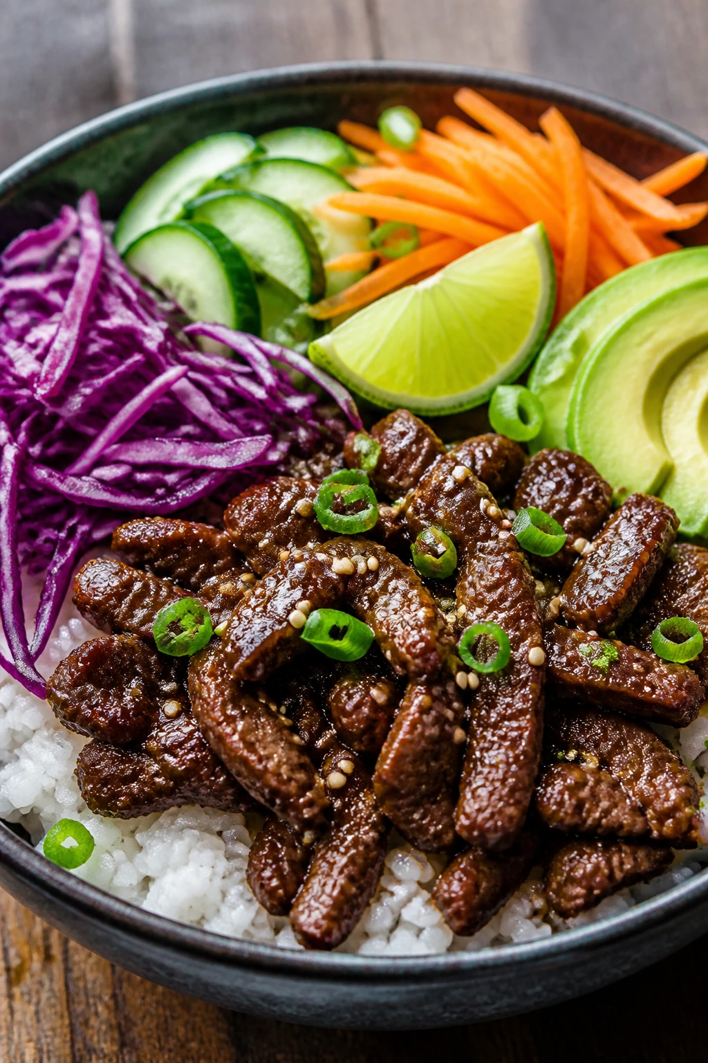 Close-up of beef bowl with rice and colorful toppings on wooden table.