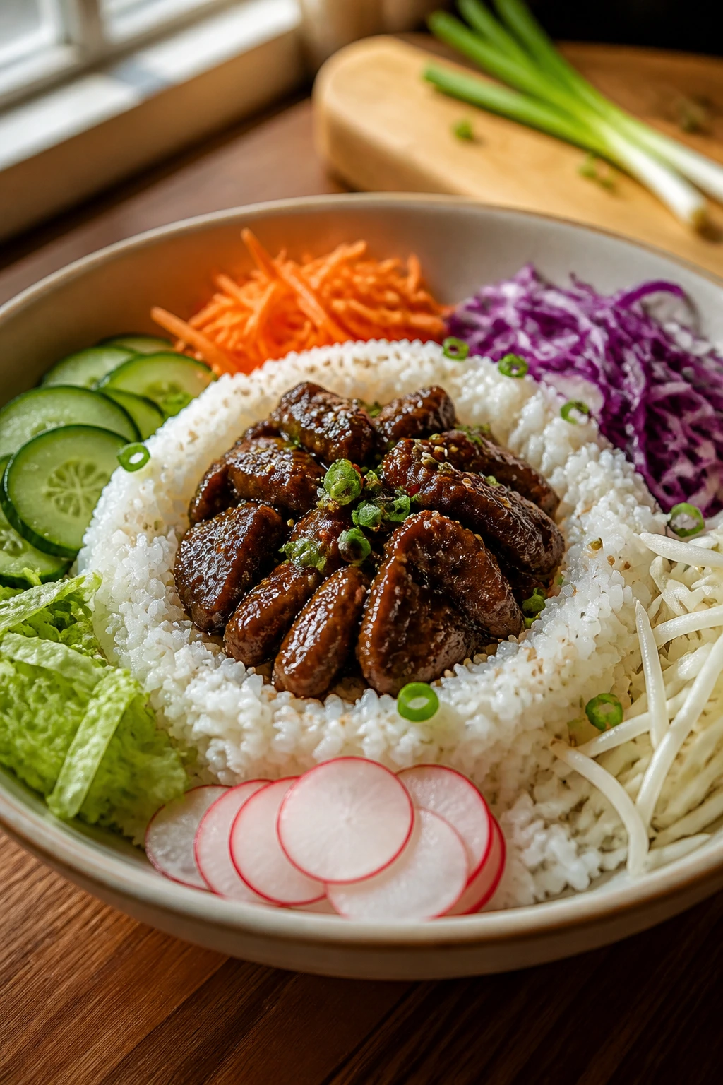 Close-up of a Juicy Beef Bowl with rice mound and glossy beef in a warm kitchen