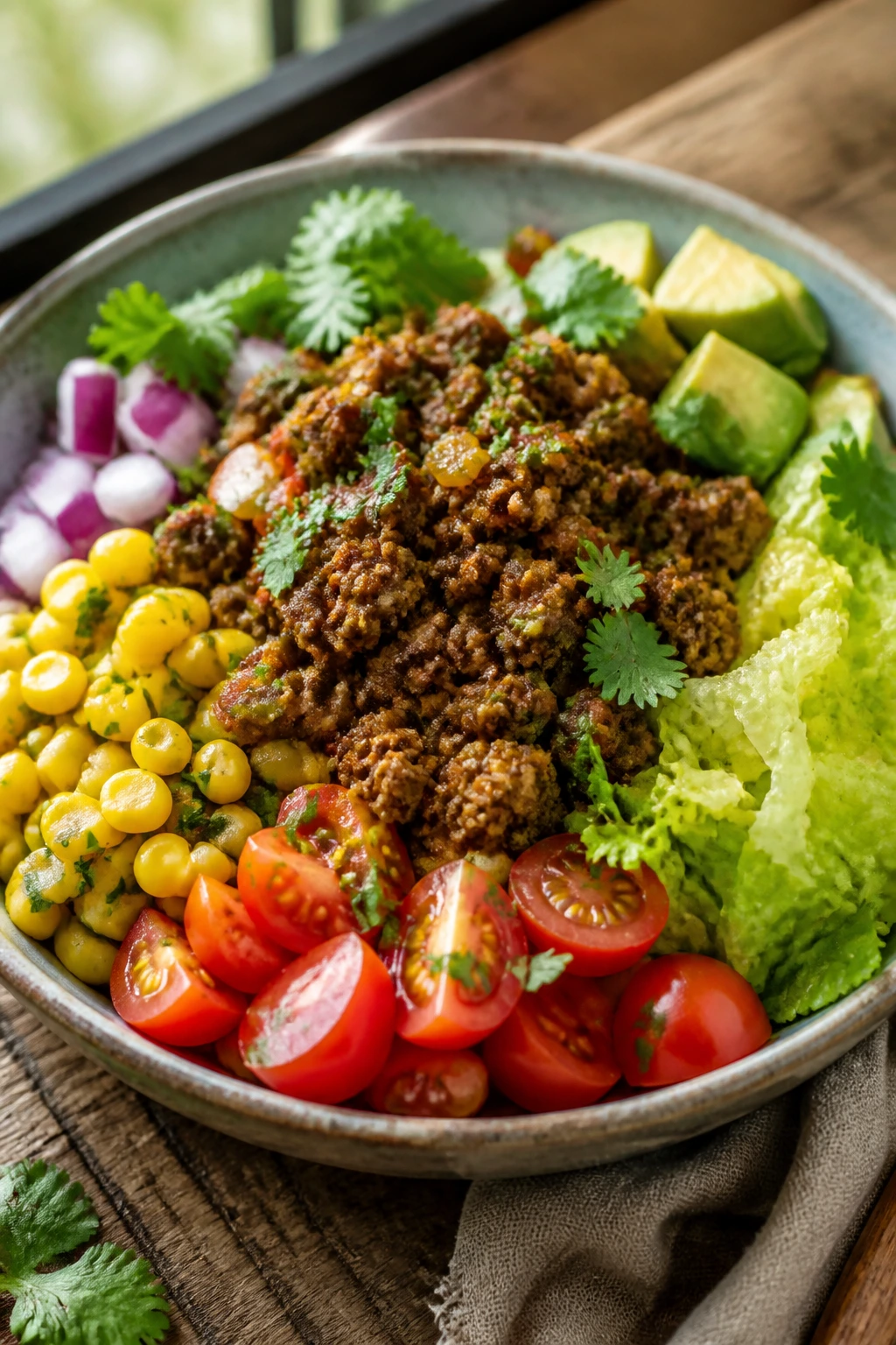 Colorful beef bowl with greens and corn presented for serving