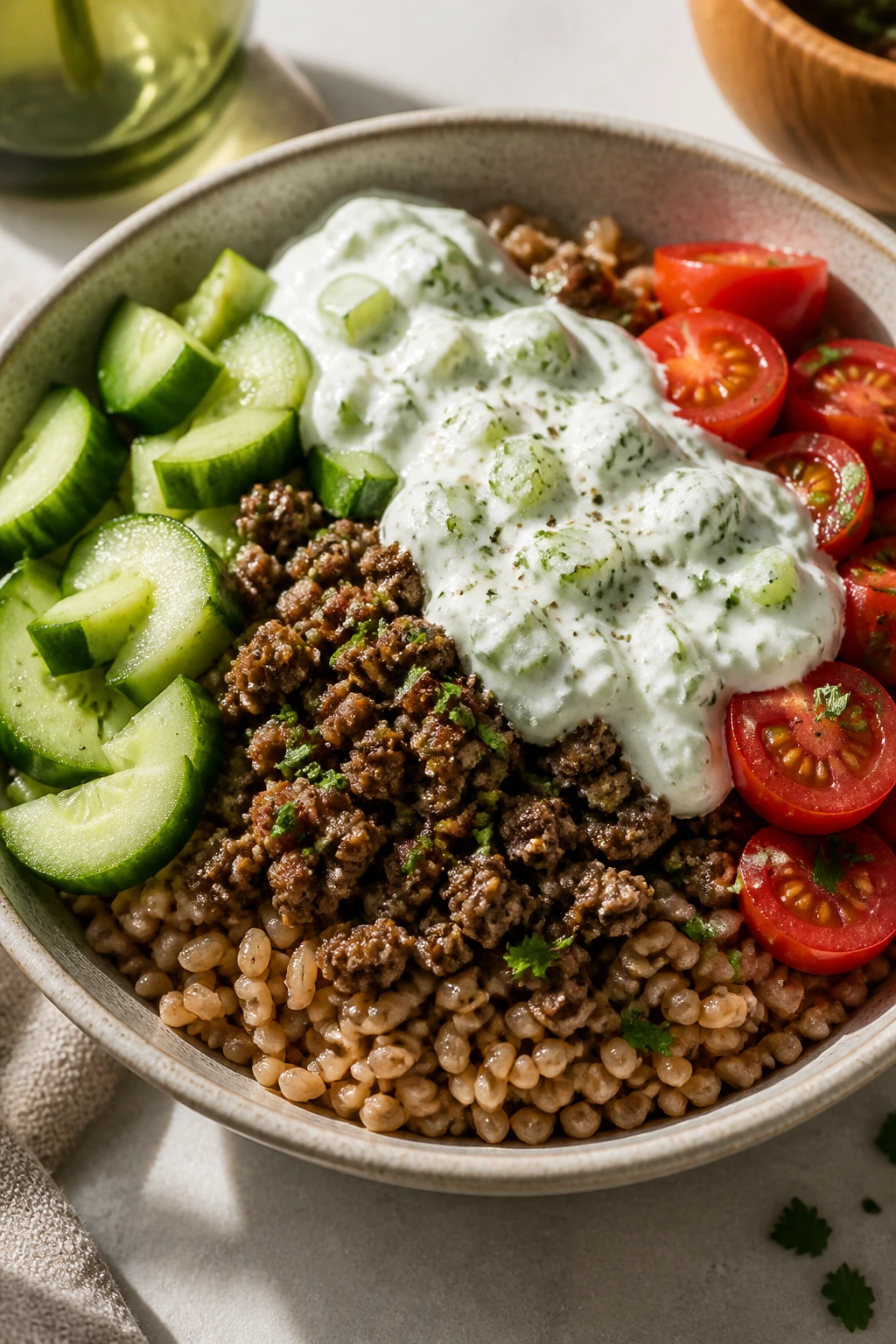 Beef bowl with cucumber yogurt and vegetables