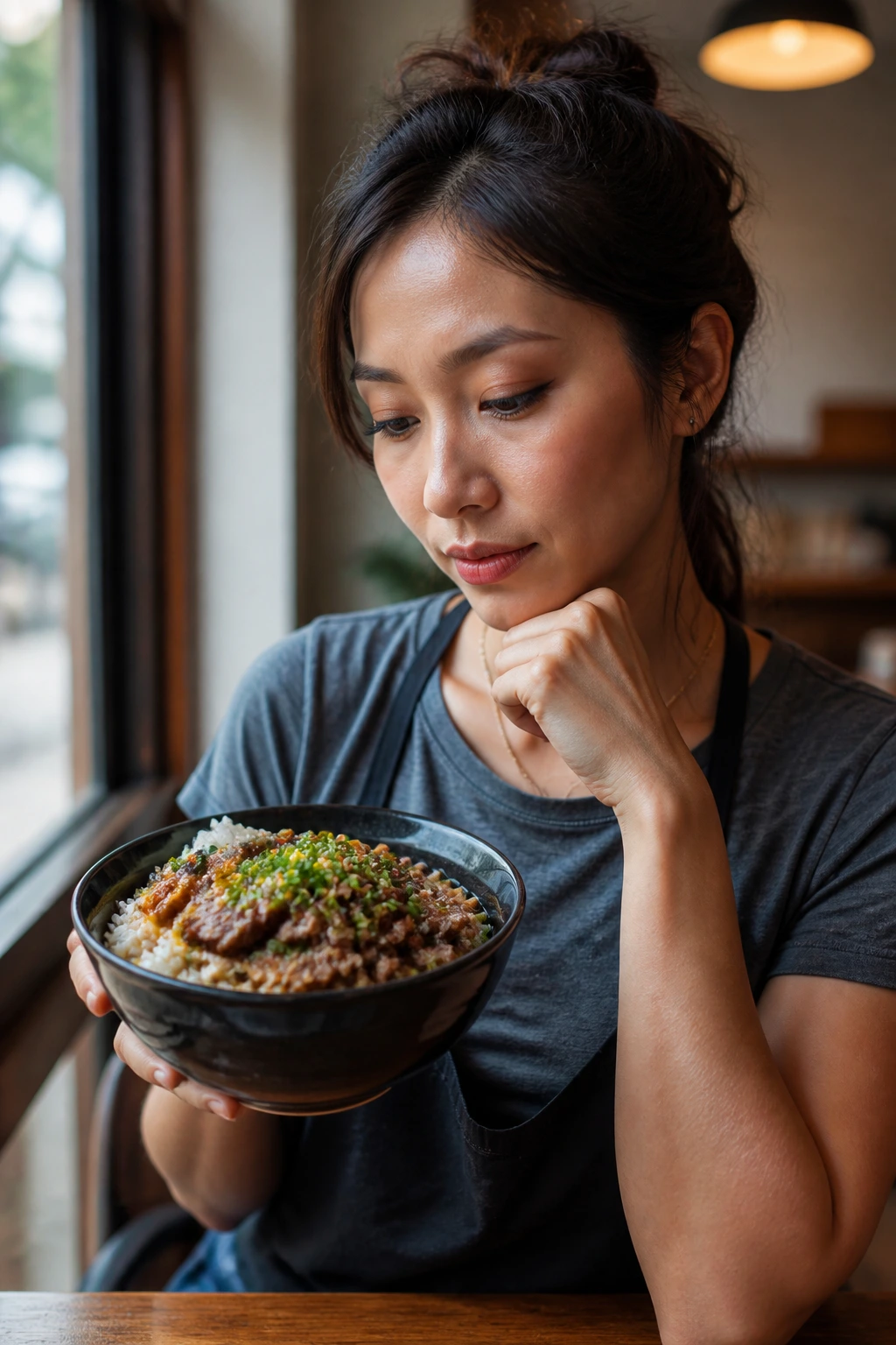 Real person contemplating a beef bowl in a cozy kitchen