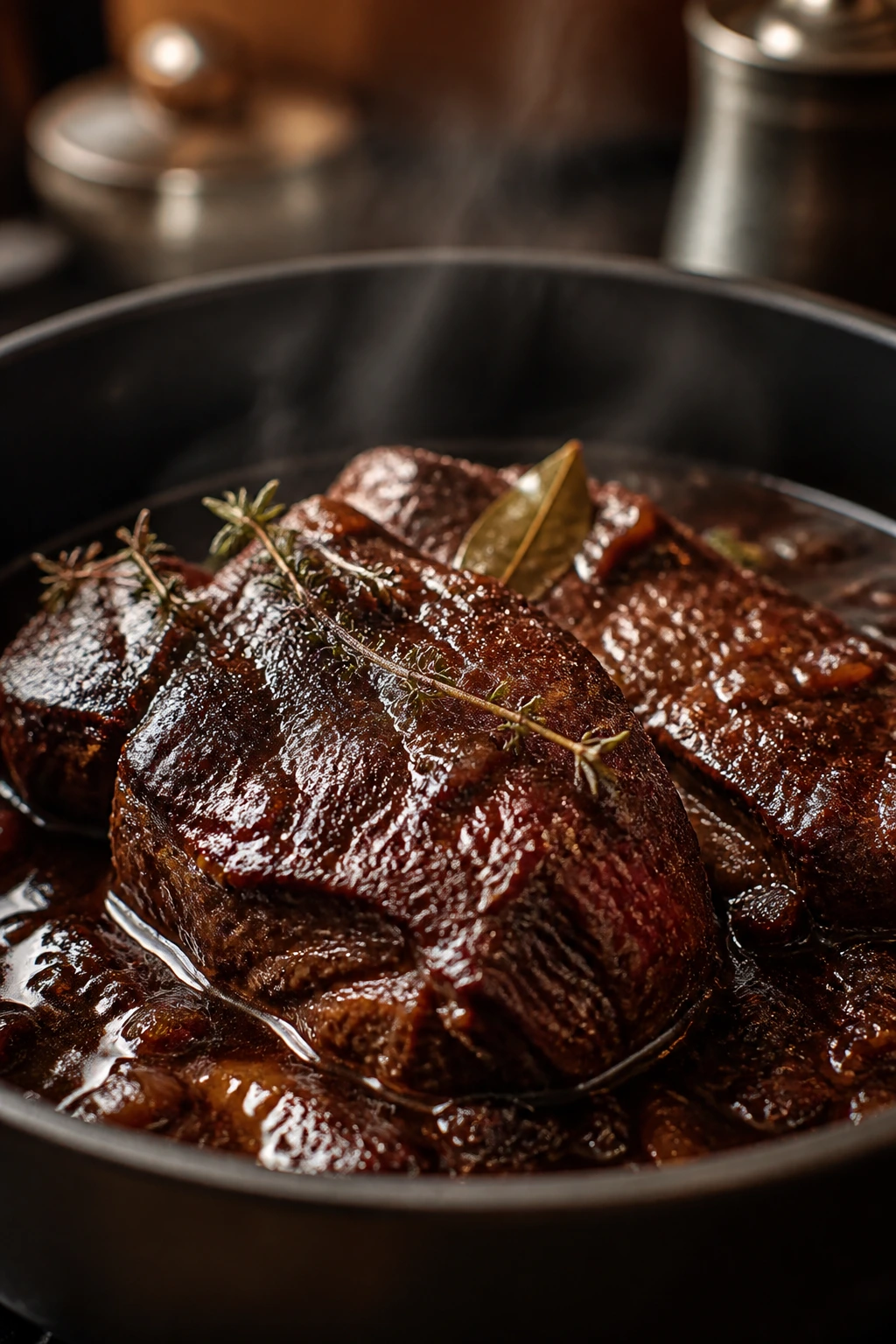 Close-up of tender beef braise in wine sauce with rustic kitchen backdrop