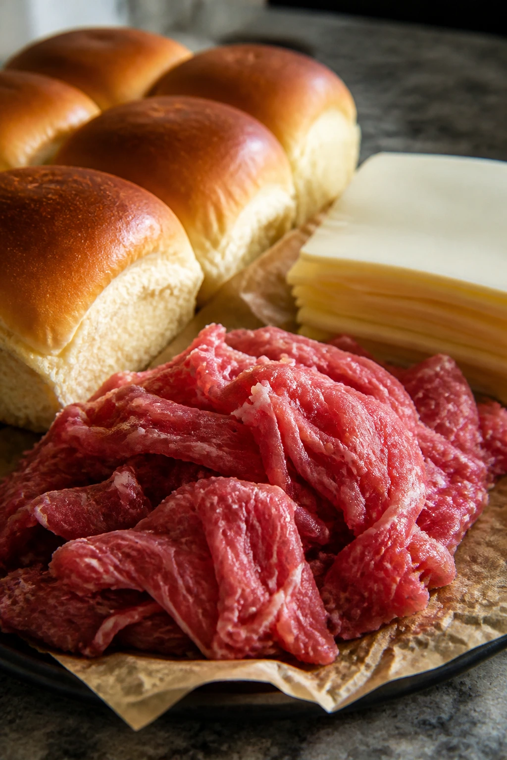Beef, slider buns, and cheese prepared for cheesesteak sliders