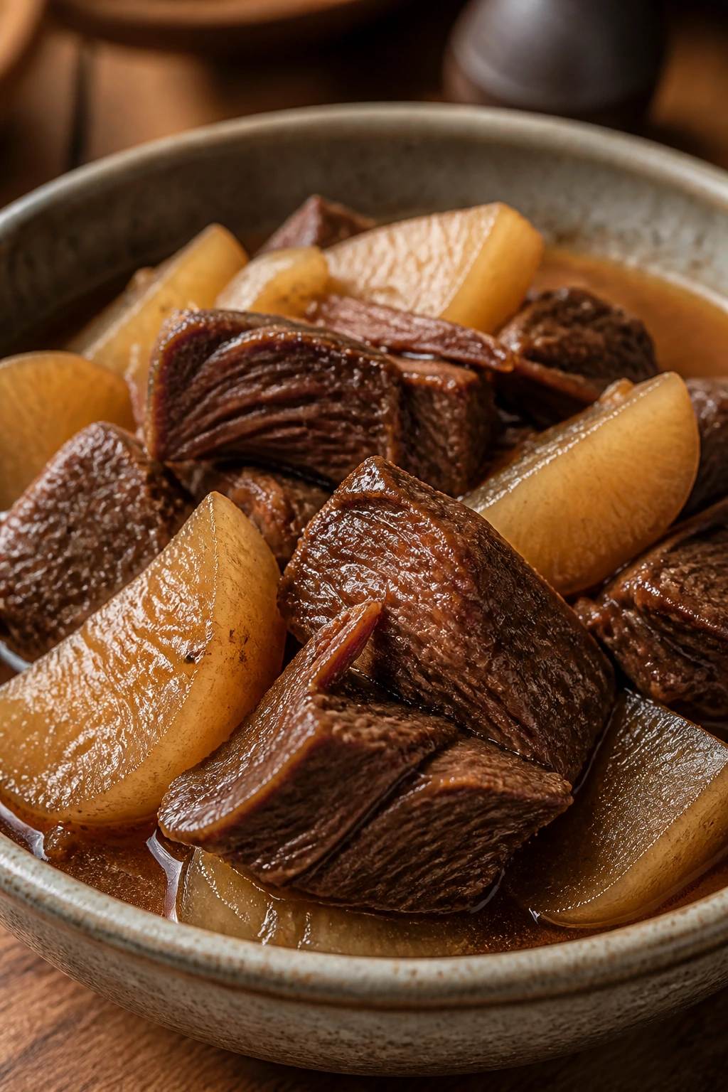 Close-up of beef brisket with daikon in braising liquid