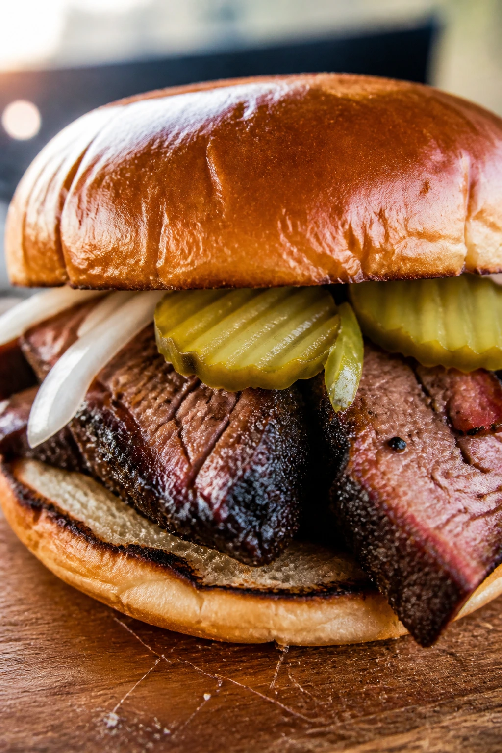 Close-up of a beef brisket sandwich with pickles on a rustic board.