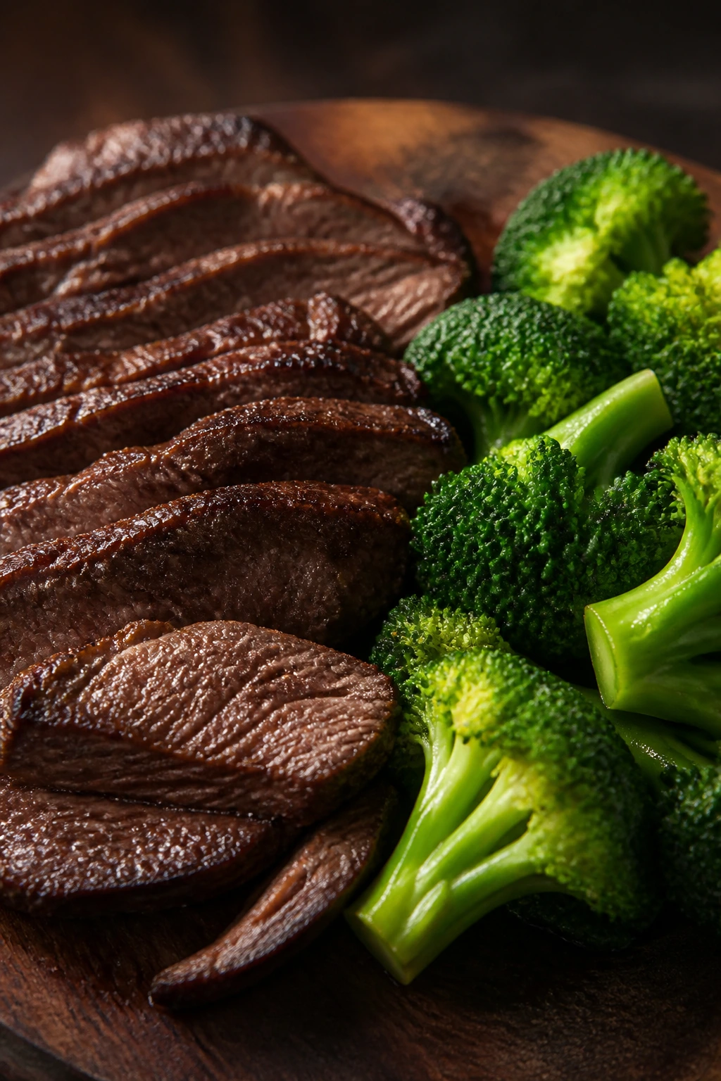 Beef slices and broccoli florets on cutting board