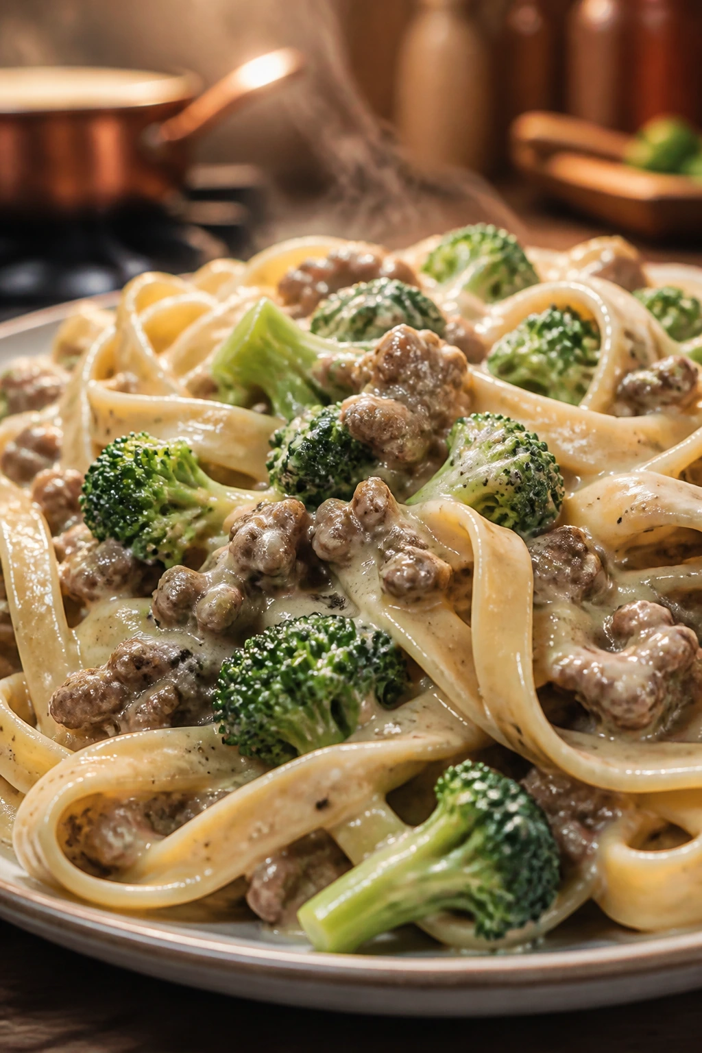 Medium close-up of fettuccine with beef and broccoli in creamy Alfredo sauce