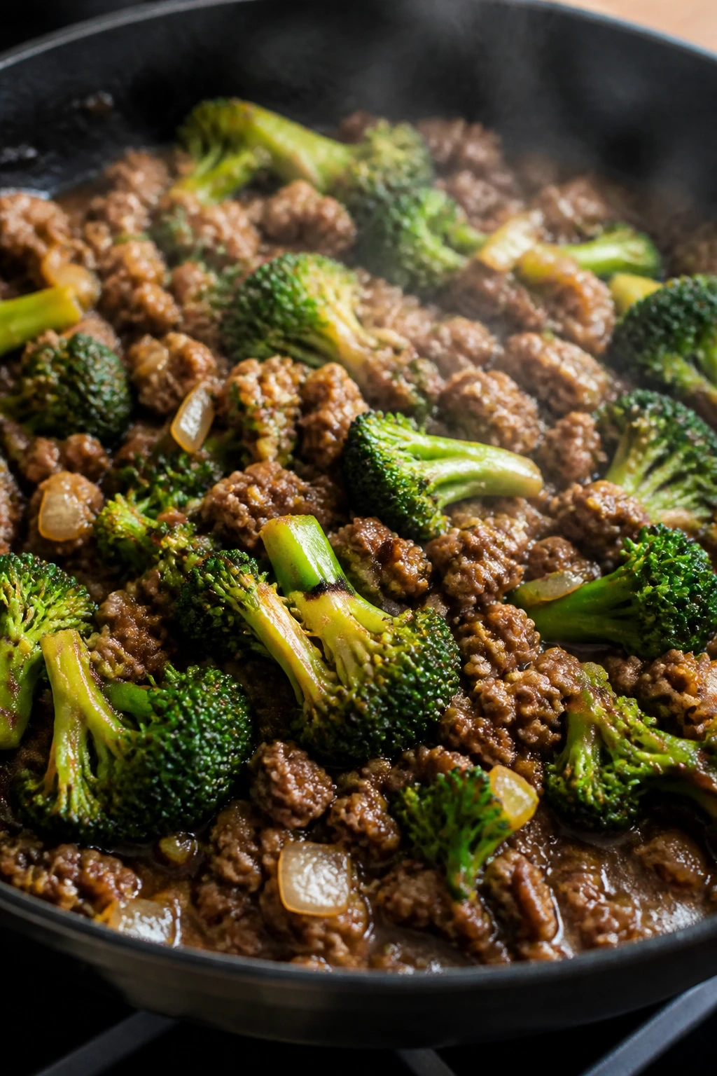 Beef and broccoli with browning, aromatics and glossy sauce in pan