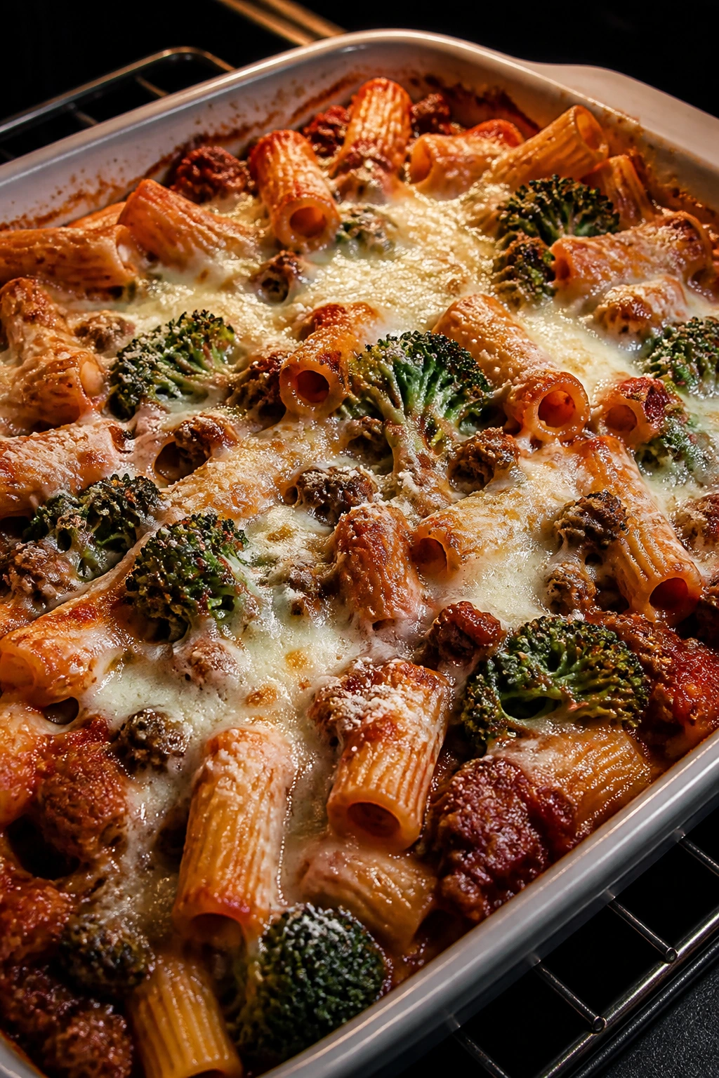 Close-up of Beef and Broccoli Baked Ziti with cheese and broccoli in a baking dish