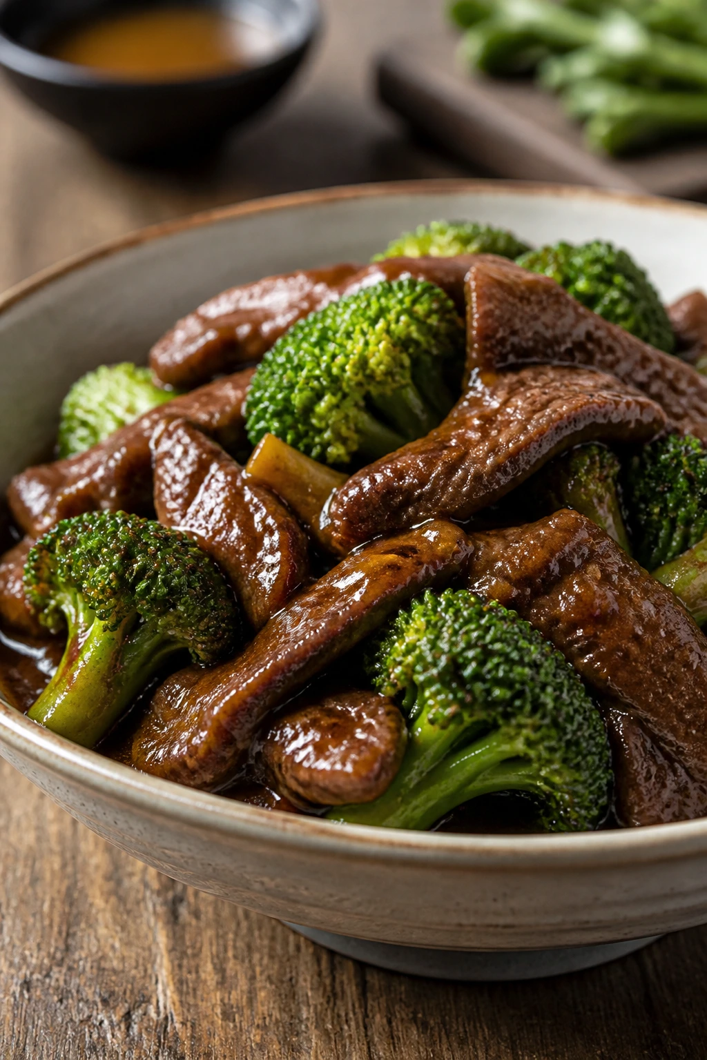 Glossy beef and broccoli bowl filling the frame on a wooden table