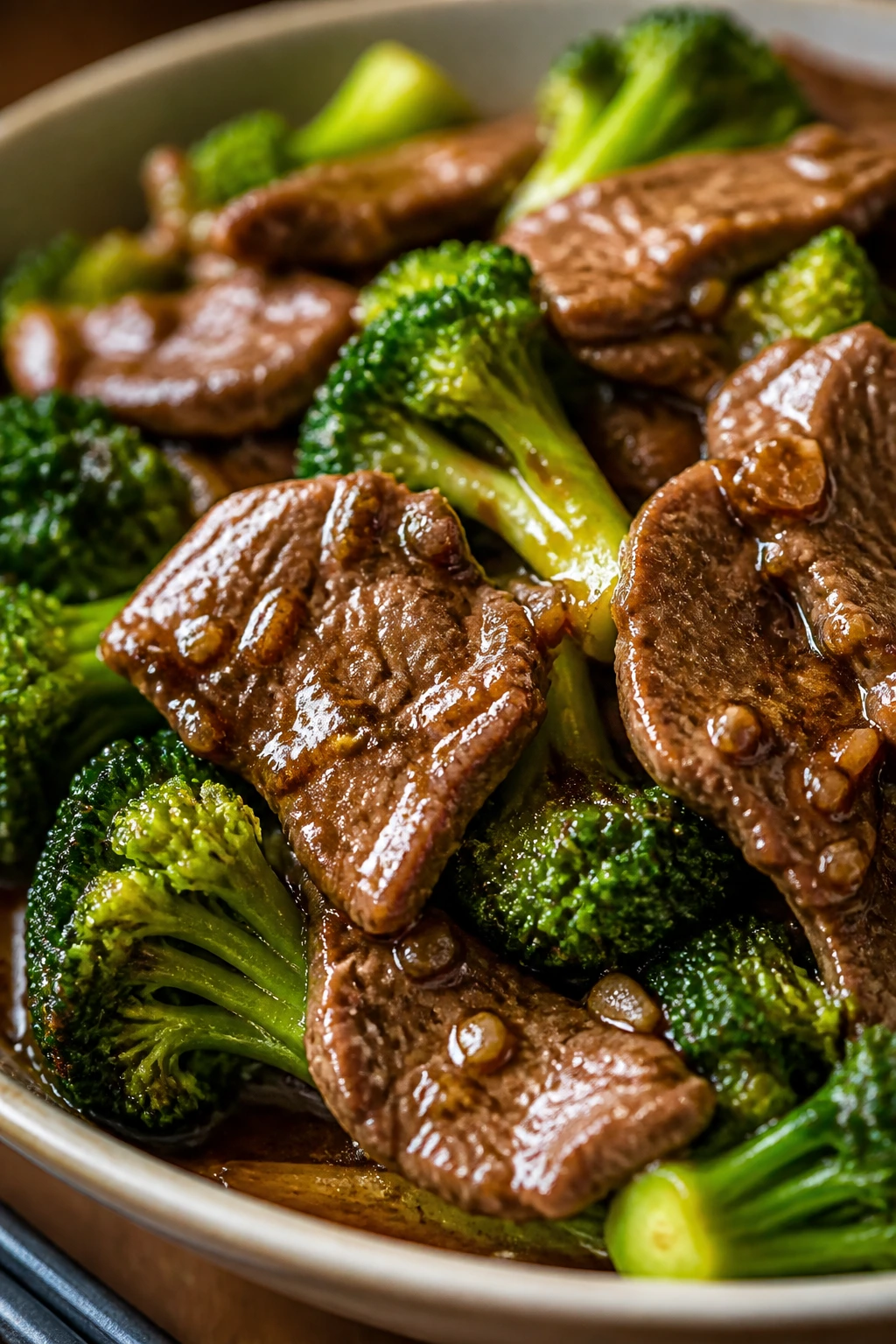 Close-up of glossy beef and broccoli bowl with a hint of final vinegar drizzle