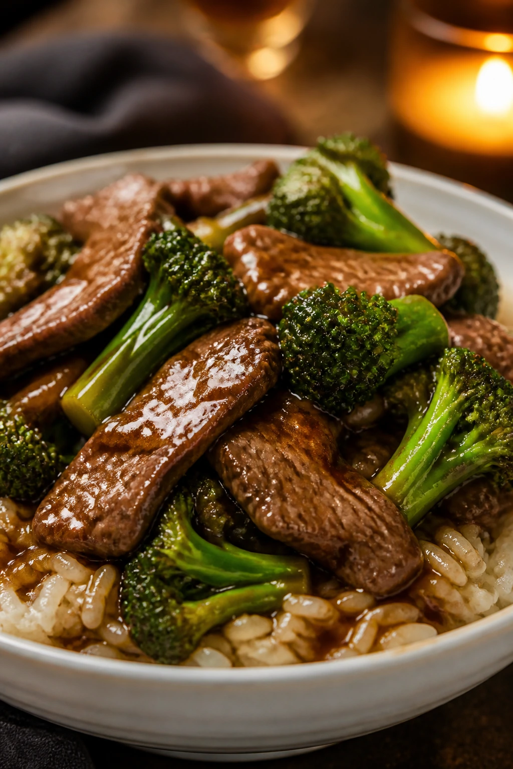 Close-up of beef and broccoli served over rice with glossy sauce weaving through grains