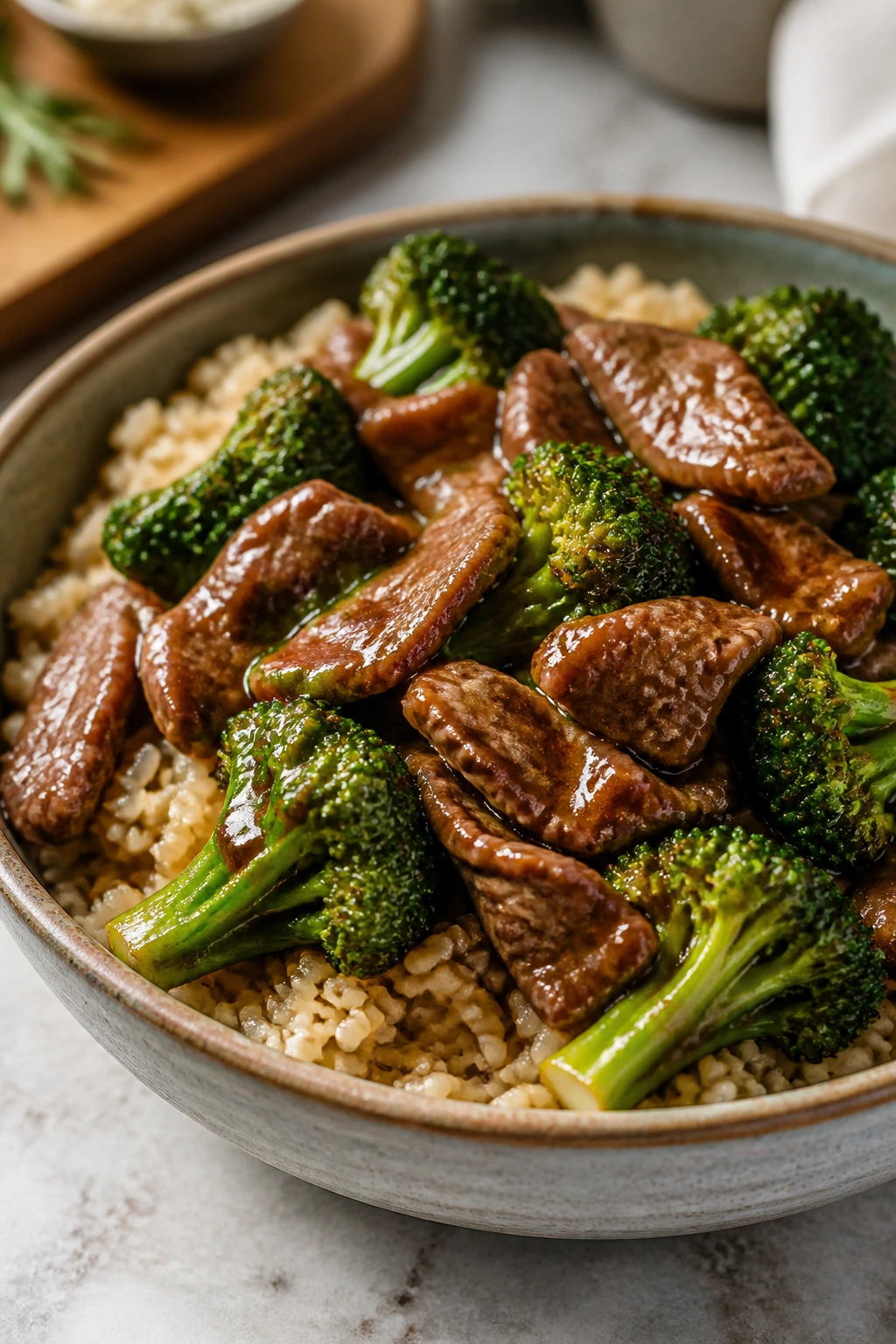 Beef and broccoli with brown rice in a glossy sauce