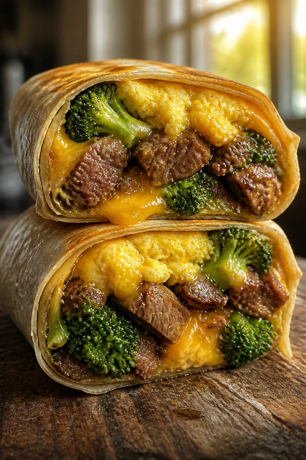Half-cut breakfast burrito with beef, broccoli, eggs, and cheddar