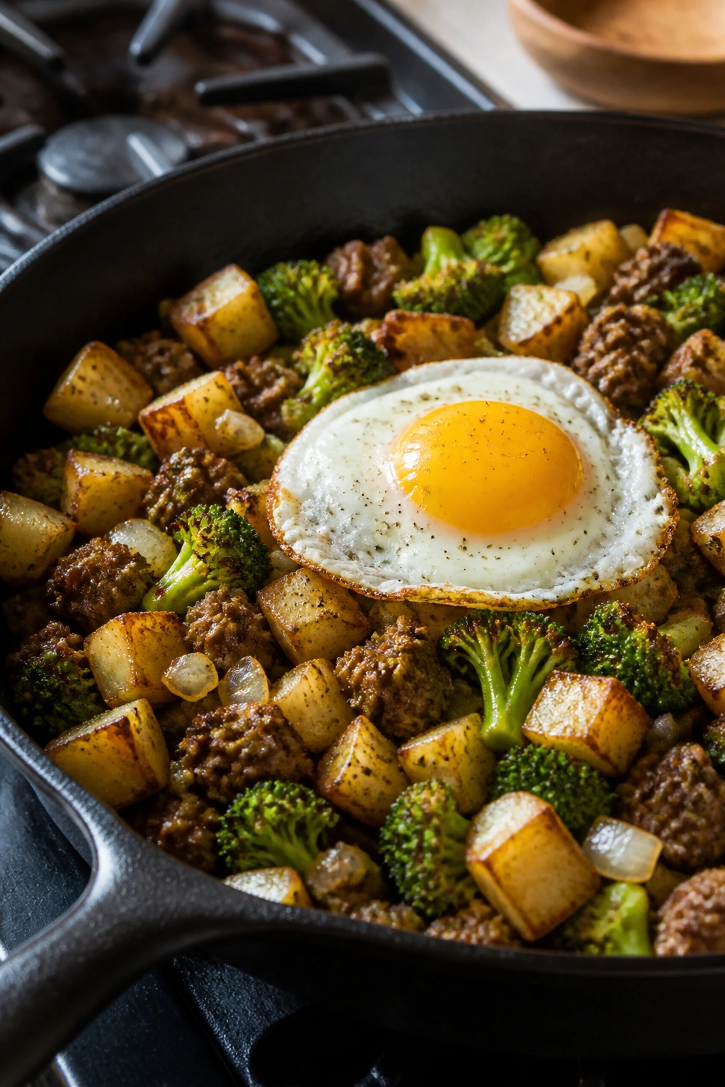 Close-up of Beef and Broccoli Breakfast Hash in a cast-iron skillet with egg on top