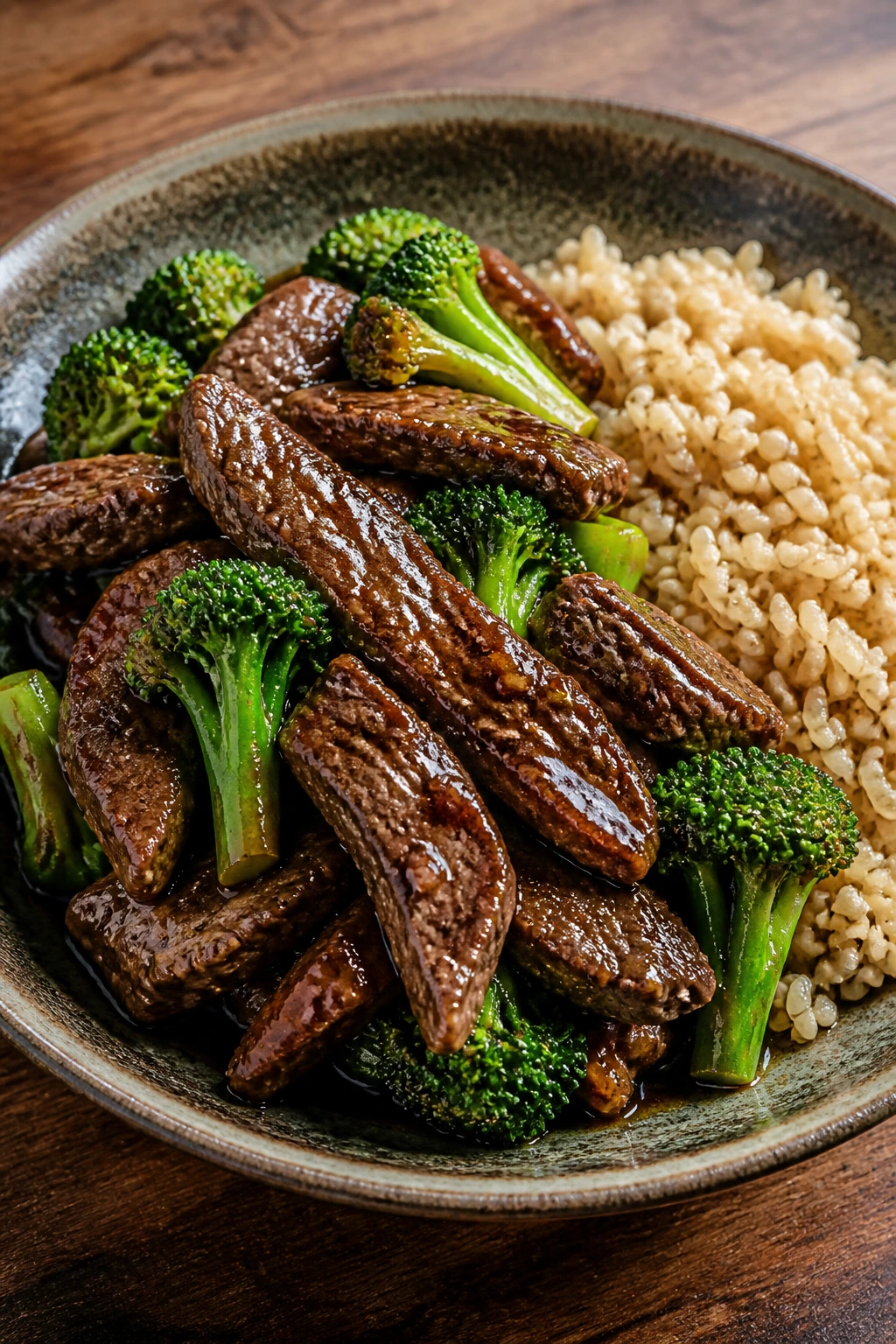 Close-up of beef and broccoli with brown rice in a ceramic bowl