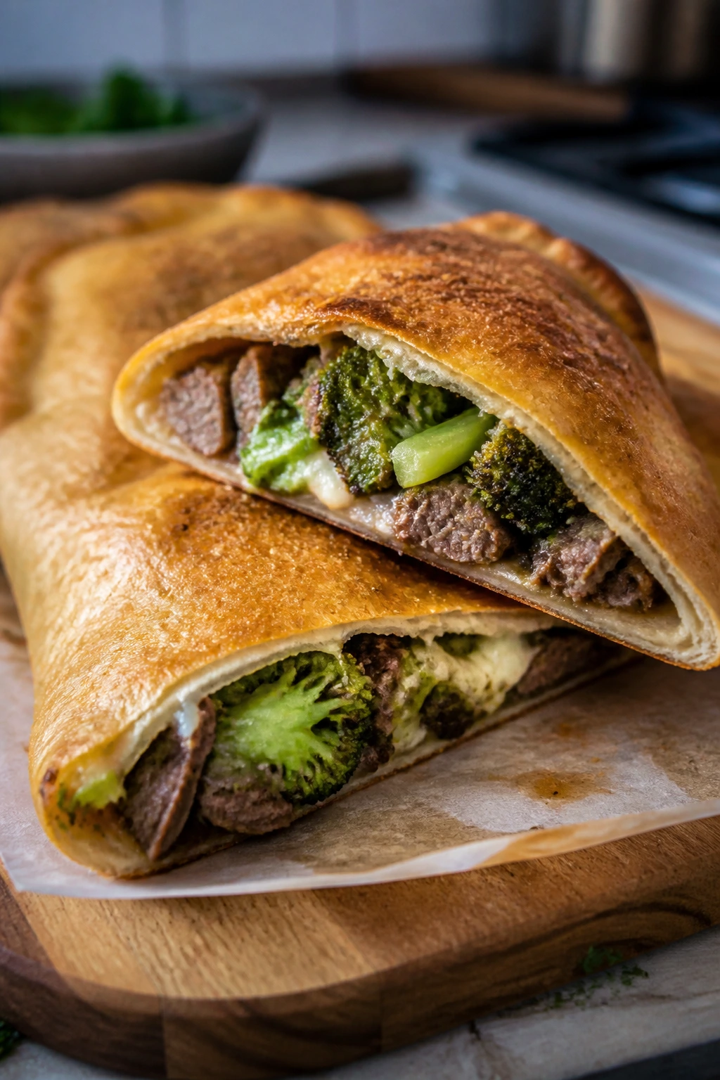 Calzone cut open revealing beef and broccoli filling