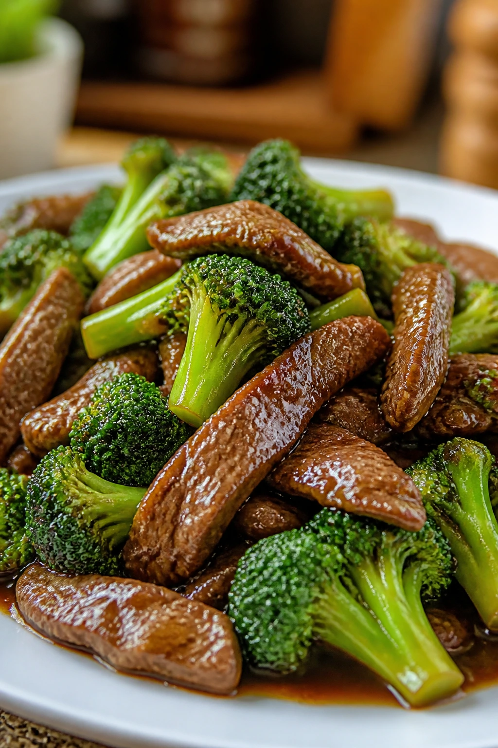 Close-up of Cantonese Beef and Broccoli on a plate
