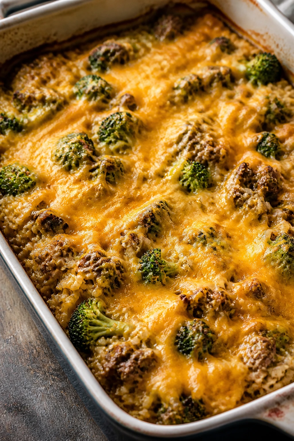 Close-up of bubbling cheesy beef broccoli rice casserole in a baking dish