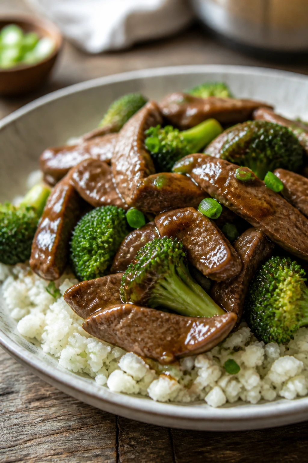 Close-up of beef and broccoli over cauliflower rice on a plate