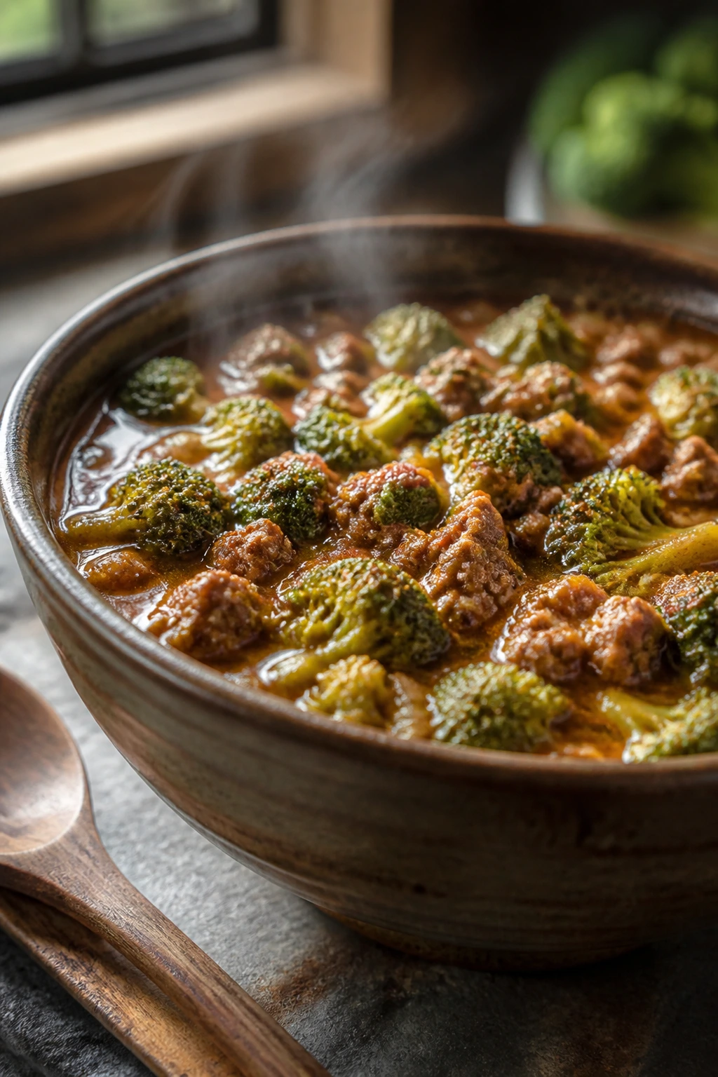 Steaming bowl of beef and broccoli chili with beans and broccoli in a cozy kitchen