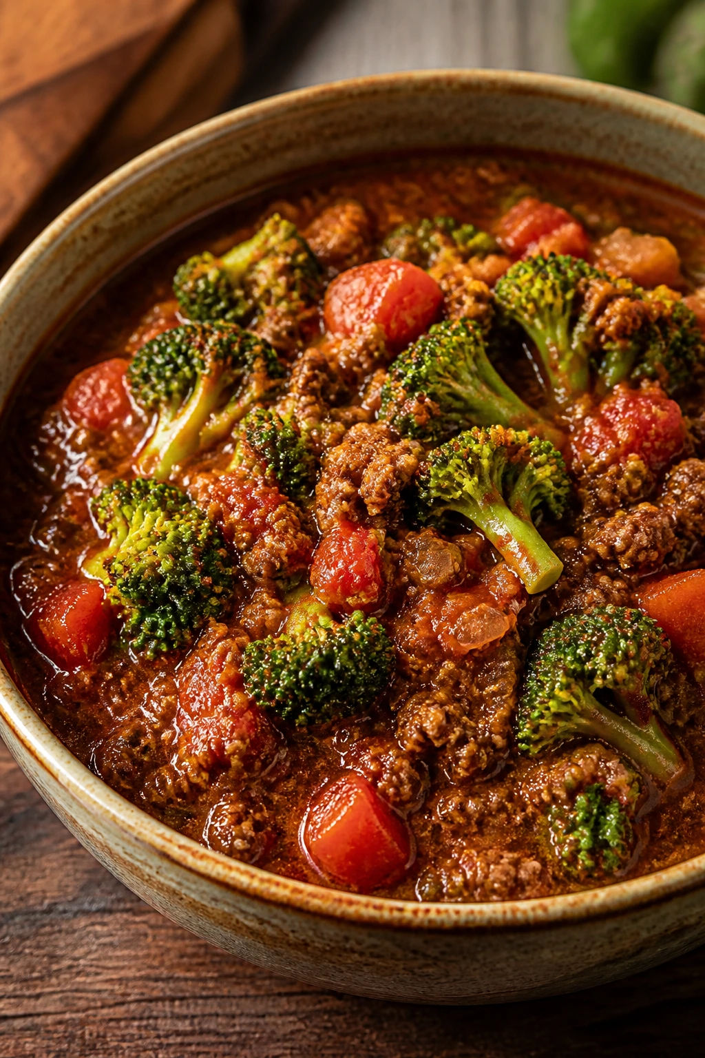 Close-up of broccoli-infused beef chili in a rustic bowl